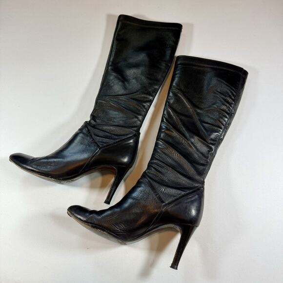 Cole Hann Vtg Leather Knee High Slouchy Almond Toe Heel Boots Black Wms Sz 7.5 - Picture 1 of 16